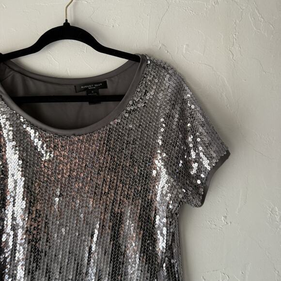August Silk Shirt Vintage 90s 1X Gray Silver Sequin Party Top Swifty Disco - Picture 2 of 7